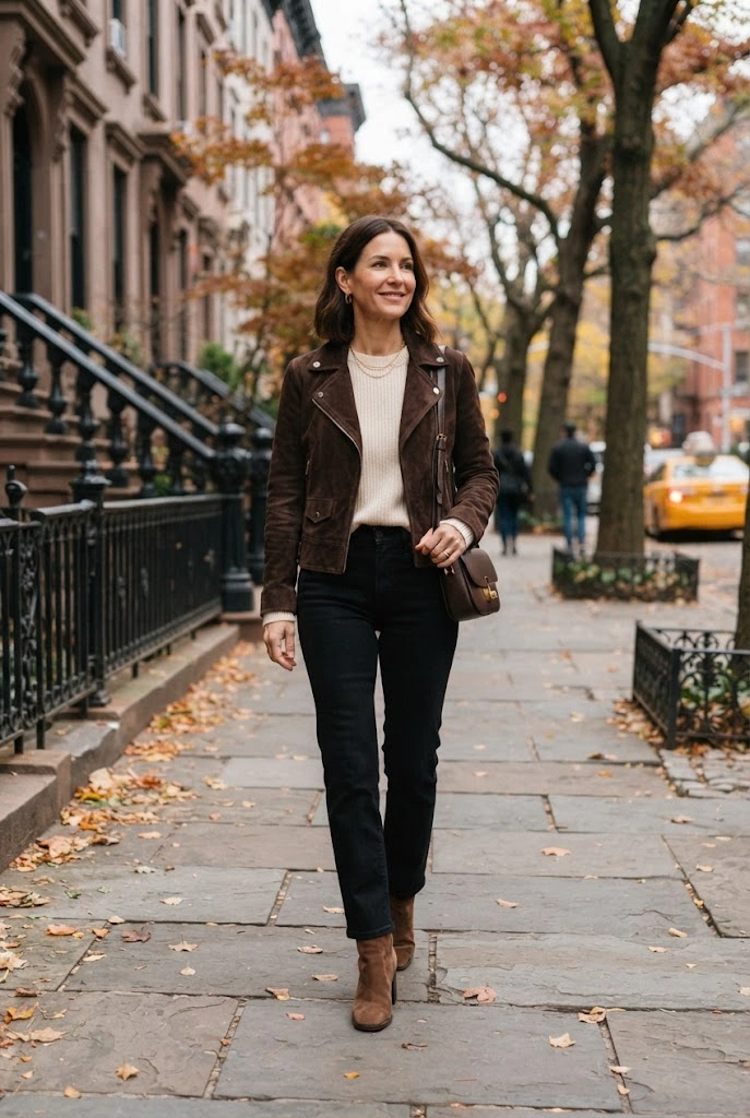 Brown Suede Jacket + Cream Knit + Black Denim