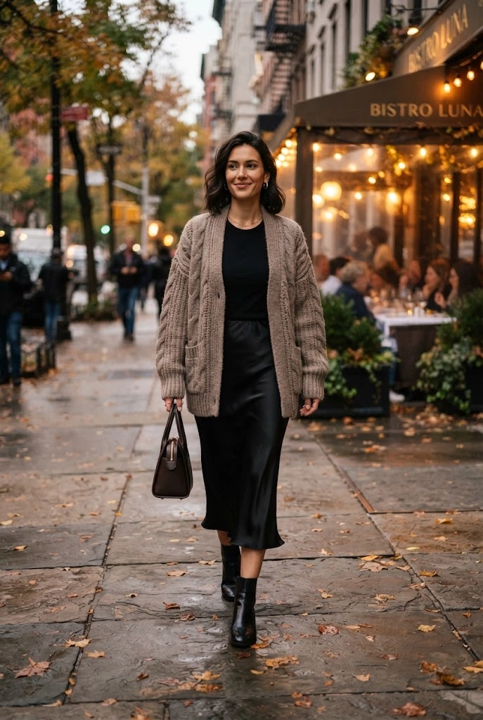 Chunky Cardigan + Satin Skirt + Ankle Boots