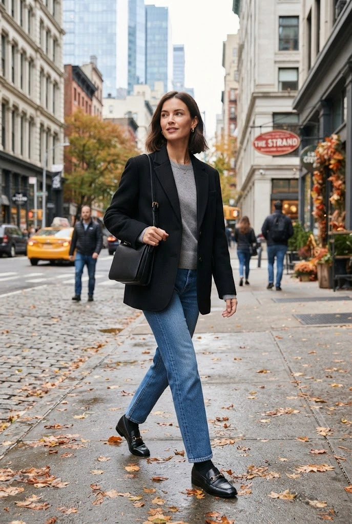 Black Blazer + Gray Sweater + Blue Jeans
