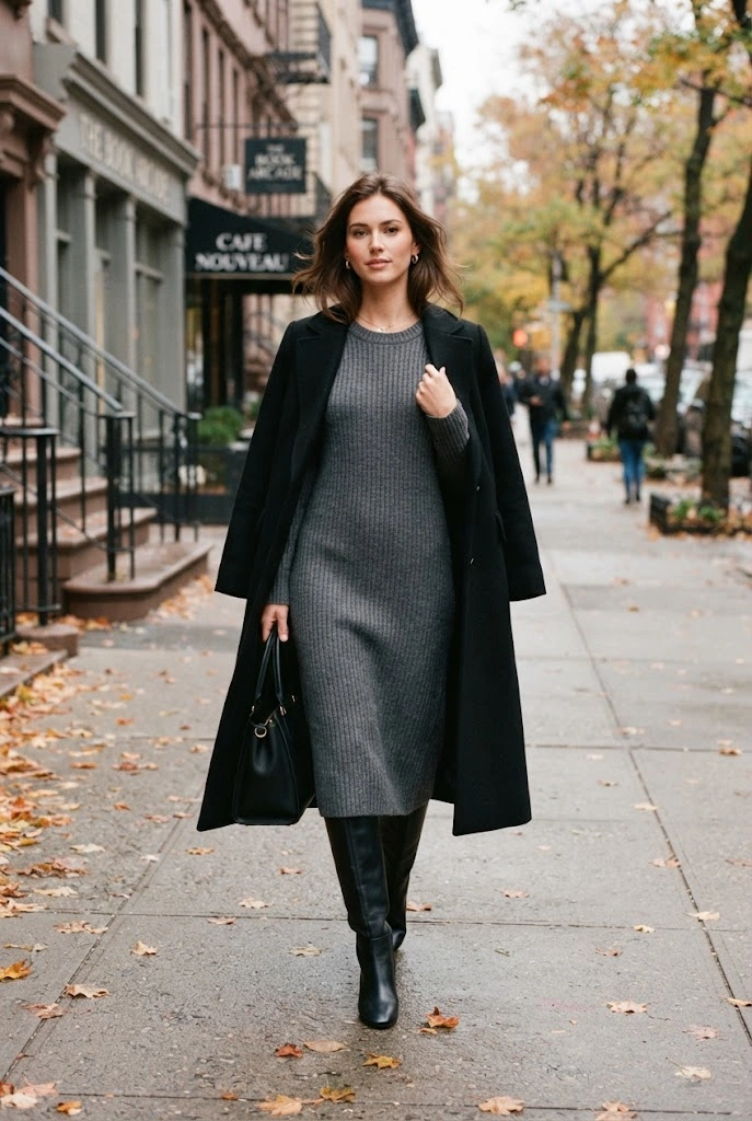 Gray Knit Dress + Knee-High Black Boots