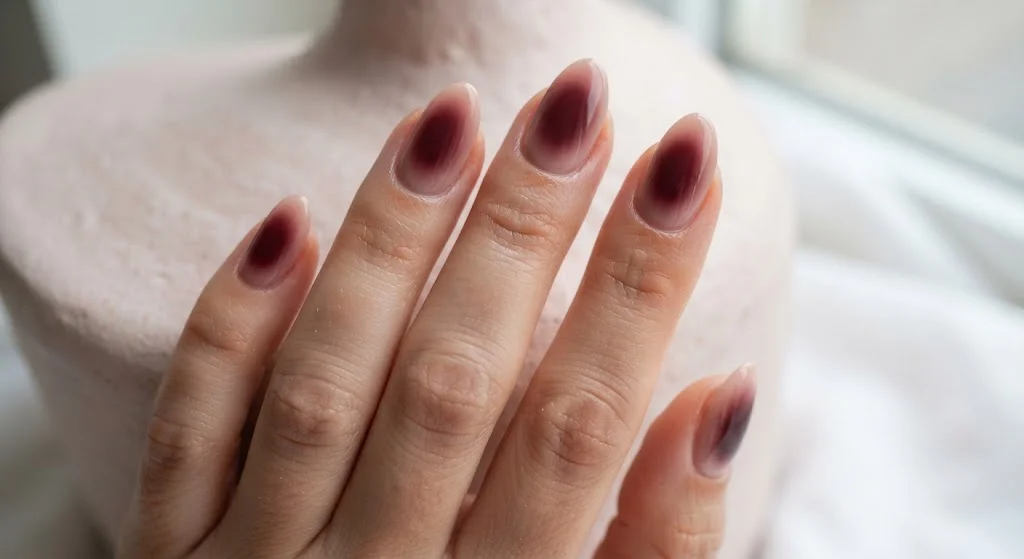 Almond nails with soft maroon aura centers fading into rosy nude.
