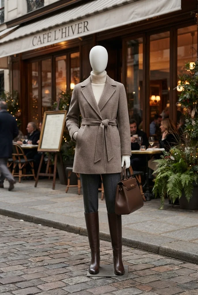 Belted taupe wool coat with charcoal trousers and knee-high boots.