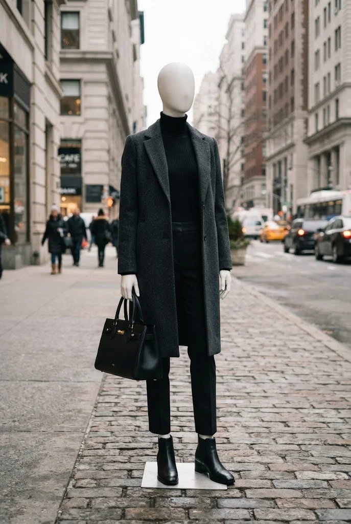 Black turtleneck and tailored trousers layered under a charcoal wool coat.
