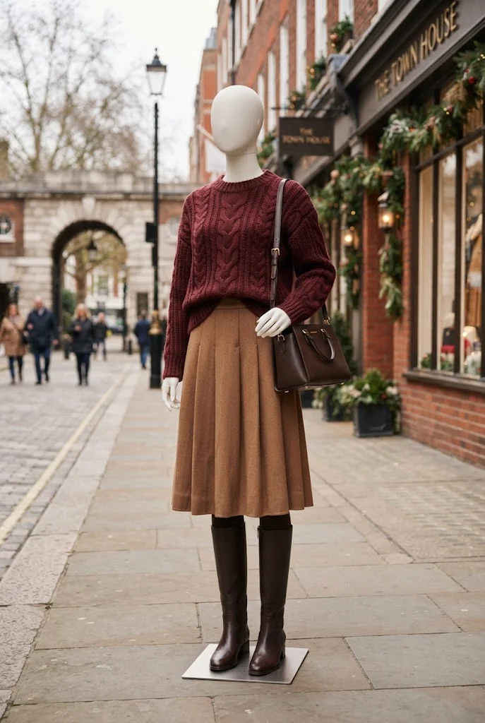 Burgundy sweater with a camel midi skirt and knee-high boots.
