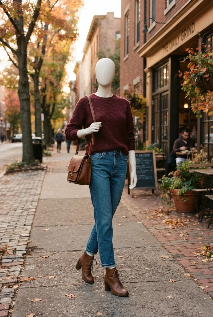 Burgundy sweater with classic blue jeans, brown ankle boots, and a matching shoulder bag on a fall street.