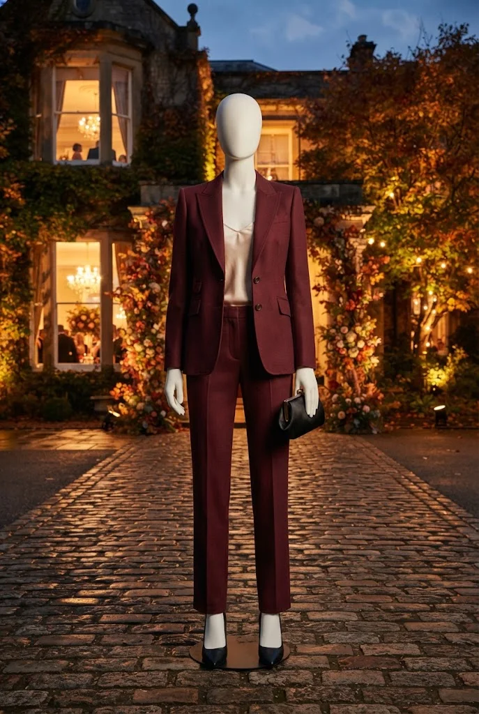 Burgundy tailored suit layered over a champagne silk camisole for a fall wedding.