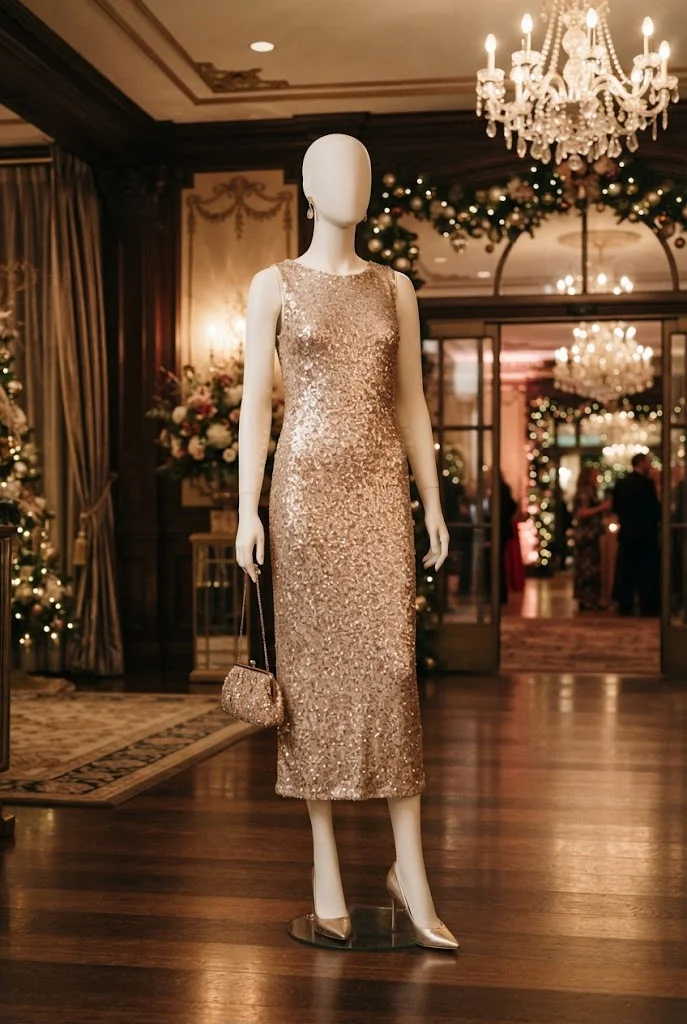 Champagne sequin midi dress styled for an elegant evening Christmas party.