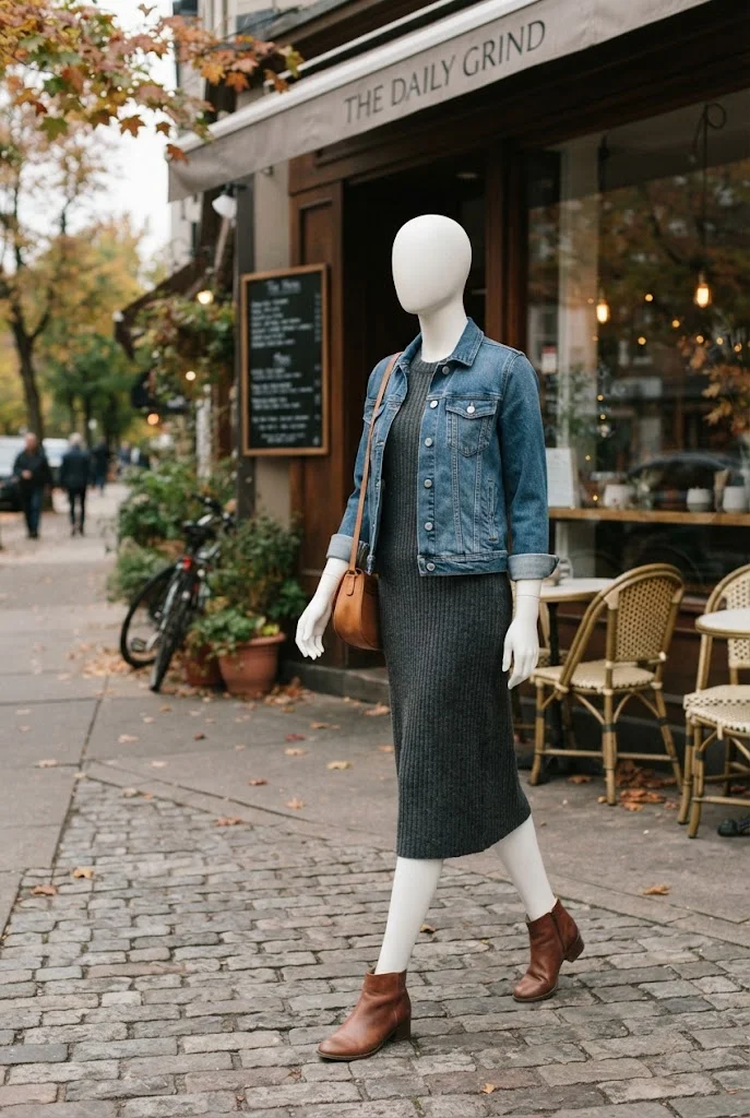 Charcoal knit midi dress layered with a denim jacket and brown ankle boots for a fall coffee outing.