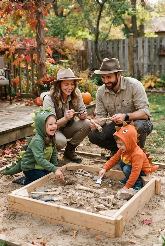 Children dressed as dinosaurs with parents in paleontologist-inspired Halloween outfits.