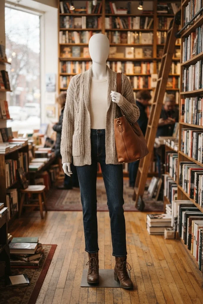Chunky oatmeal cardigan paired with dark jeans and brown ankle boots.