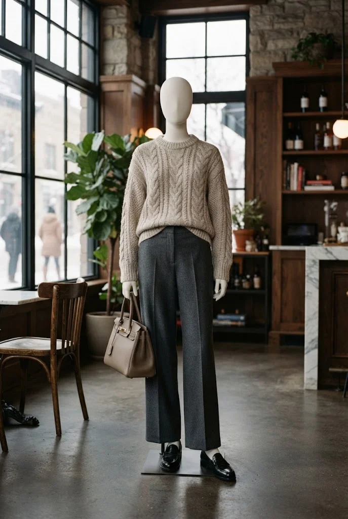 Chunky oatmeal sweater with tailored wide-leg trousers and loafers.