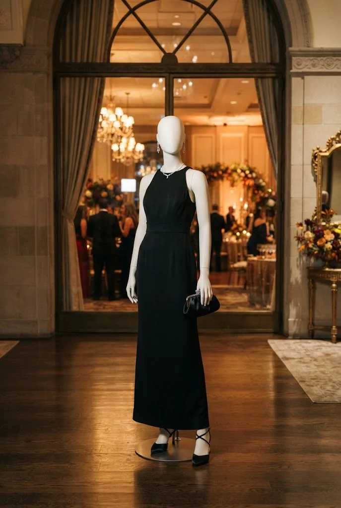 Classic black column gown styled for a formal fall wedding reception.
