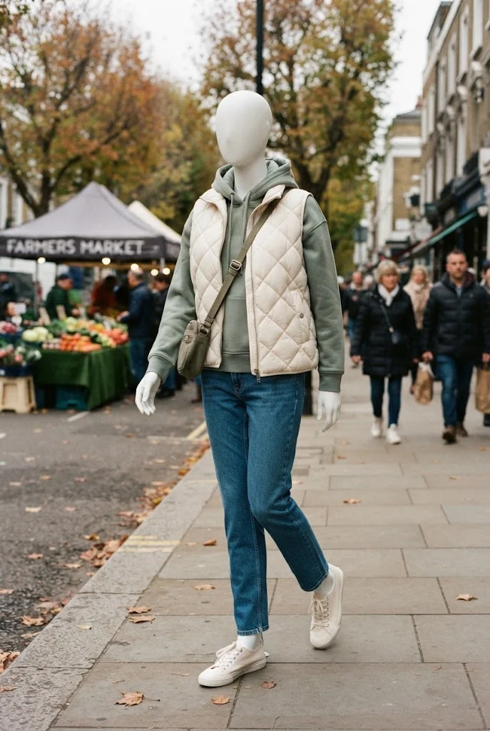 Cream puffer vest layered over a sage hoodie with blue jeans, sneakers, and a crossbody bag.