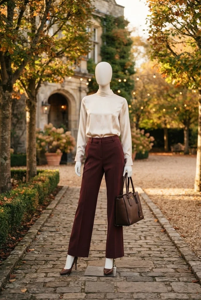 Cream satin blouse with tailored burgundy trousers for a polished fall wedding.