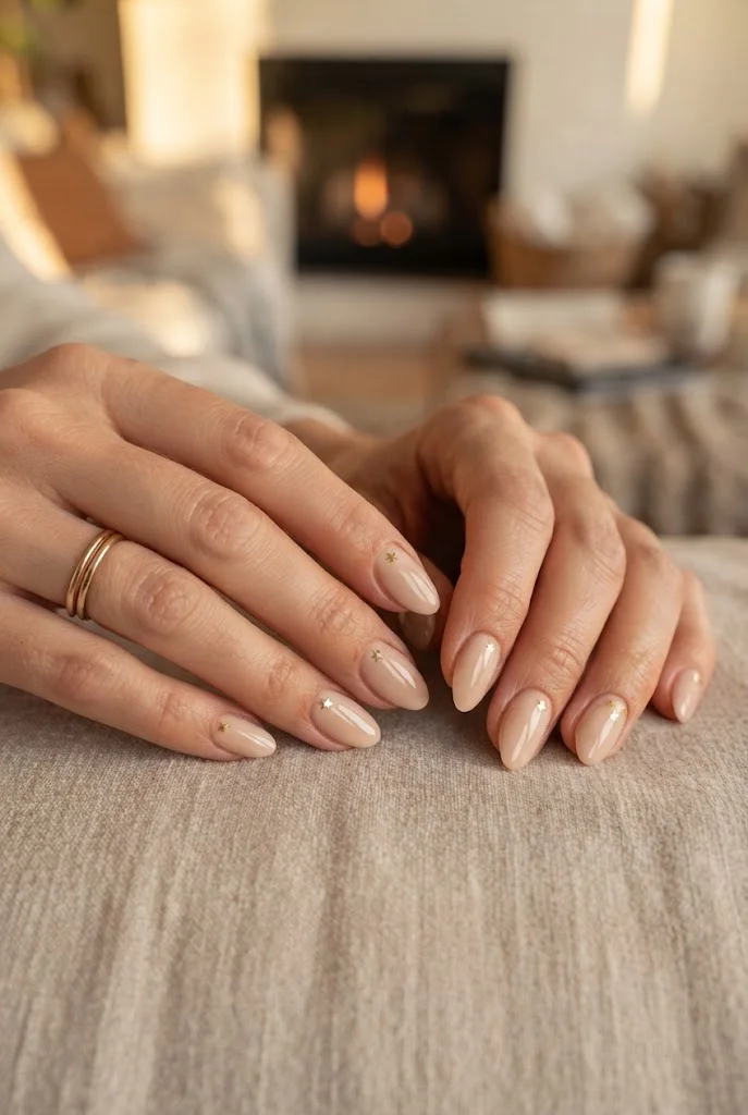 Creamy nude winter nails with delicate gold star accents.