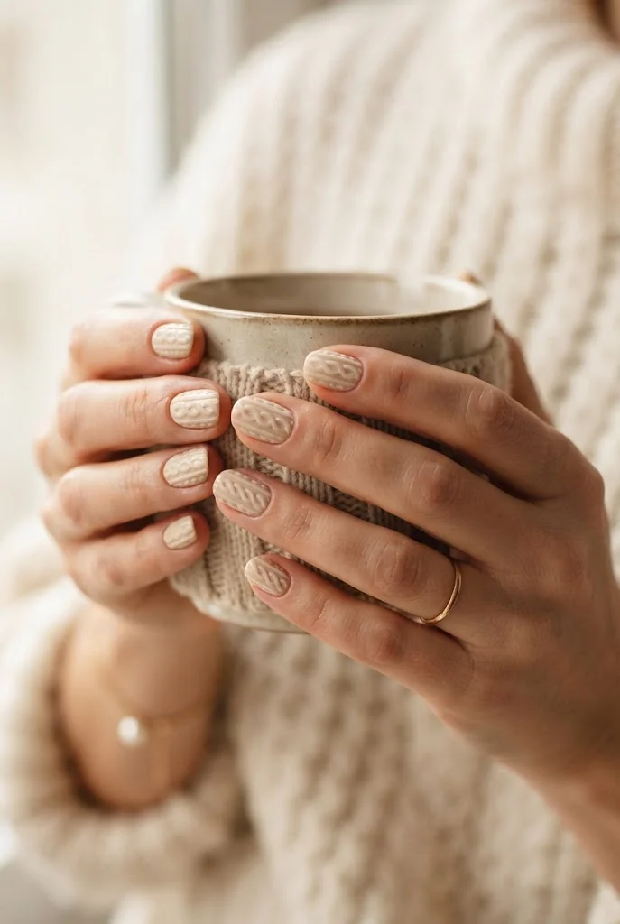 Creamy winter nails with subtle raised sweater-inspired nail art.