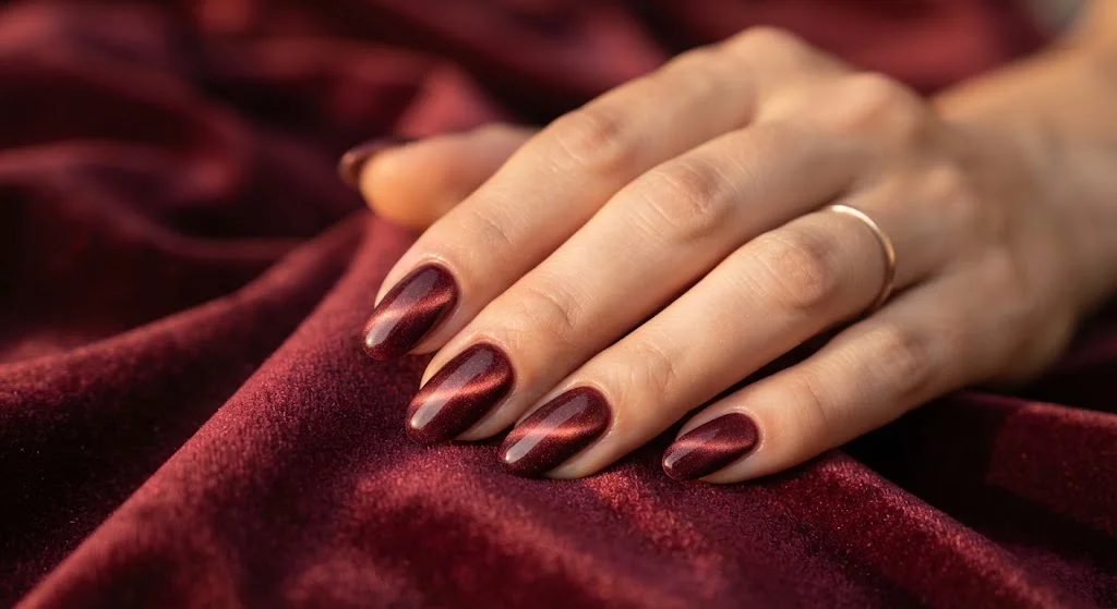 Deep maroon velvet-effect nails with dimensional light-catching polish.