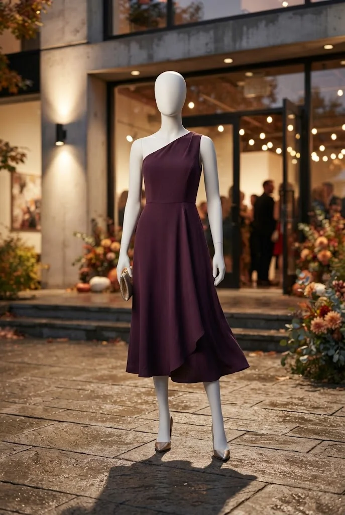 Deep plum one-shoulder midi dress with metallic heels for an evening wedding.