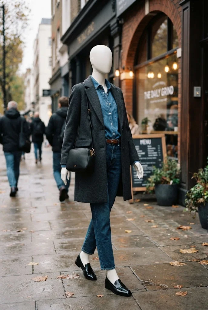 Denim shirt and dark jeans layered beneath a charcoal wool coat with black loafers and a structured handbag.
