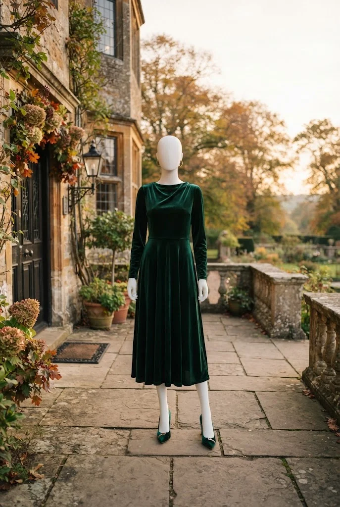 Emerald velvet long-sleeve dress with gold accessories for an elegant fall wedding guest look.