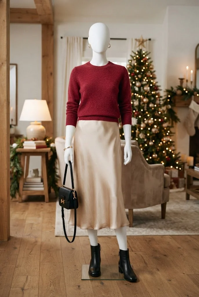 Faceless boutique mannequin wearing a cranberry sweater and champagne satin skirt in a cozy holiday home.