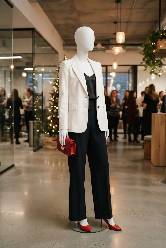 Faceless mannequin wearing an ivory blazer, black trousers and red heels at a modern holiday office party.