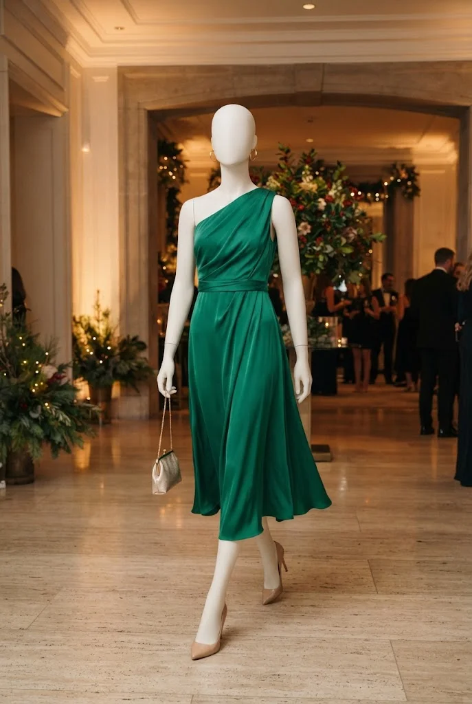 Faceless white mannequin wearing an emerald green one-shoulder holiday dress with metallic accessories.
