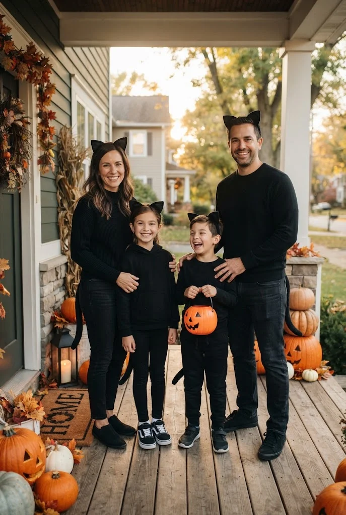 Family dressed in simple black cat costumes on a decorated autumn front porch.