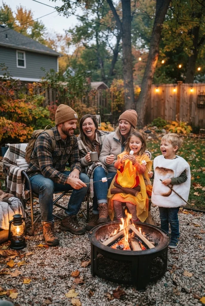 Family in camping-themed Halloween costumes gathered around a backyard campfire setting.