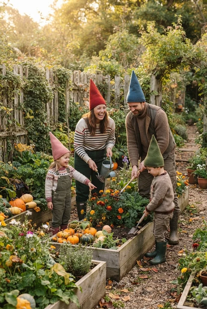 Family in colorful DIY garden gnome costumes standing in an autumn backyard garden.