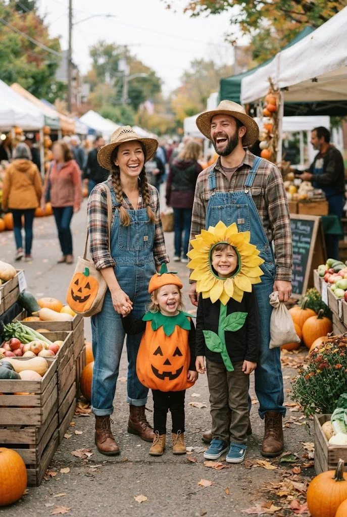 Family dressed in simple black cat costumes on a decorated autumn front porch.