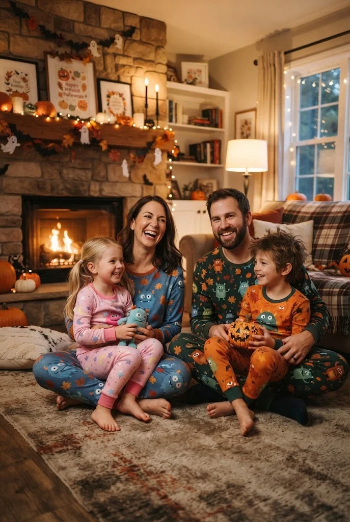Family wearing cozy matching monster-themed pajamas for Halloween.