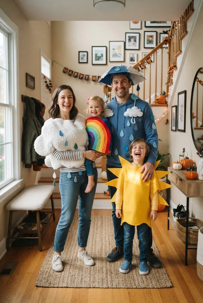 Family wearing handmade cloud, rain, rainbow, and sun Halloween costumes.