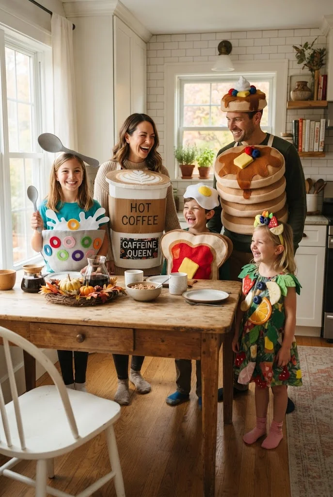 Family wearing homemade pancake, toast, cereal, fruit, and coffee Halloween costumes.