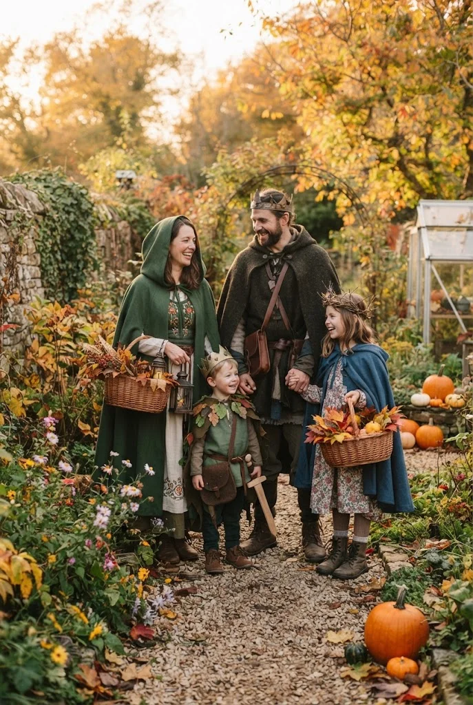 Family wearing original storybook-inspired costumes in an autumn garden.