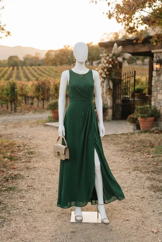 Forest green flowing maxi dress styled for an elegant fall vineyard wedding.
