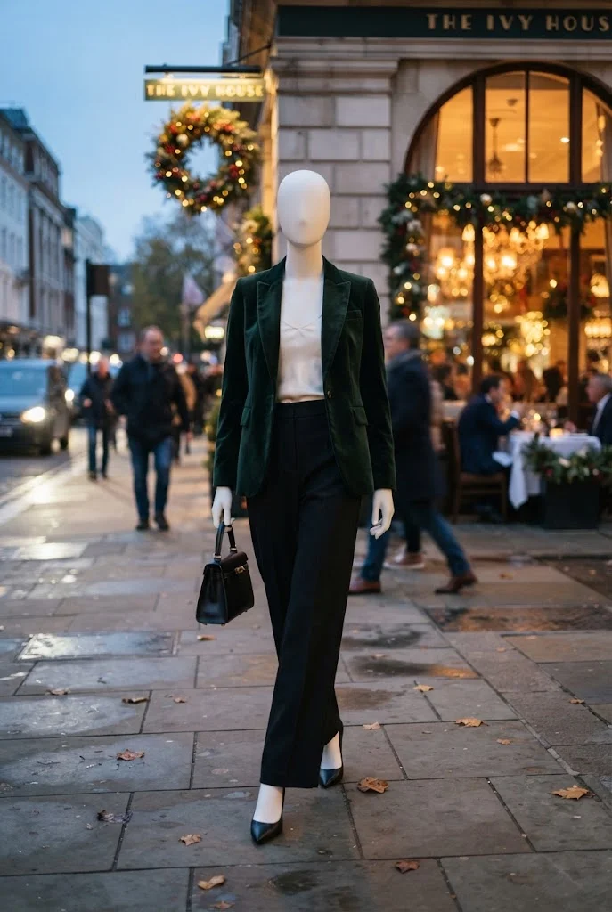 Forest-green velvet blazer styled with an ivory camisole and black wide-leg trousers.