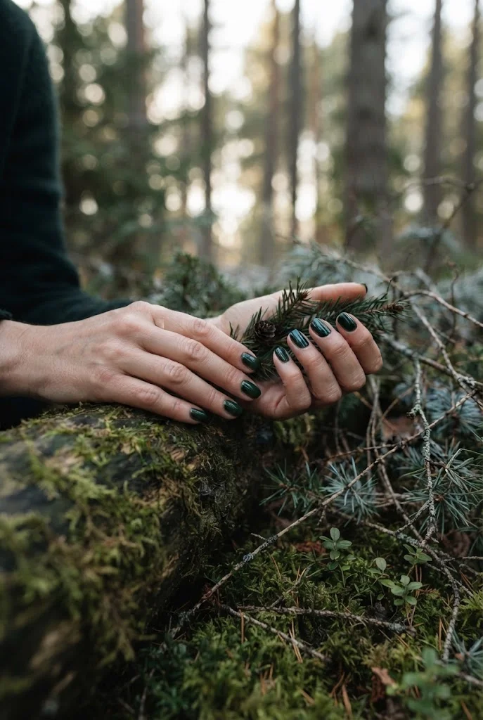 Glossy deep forest-green nails with a rich winter finish.