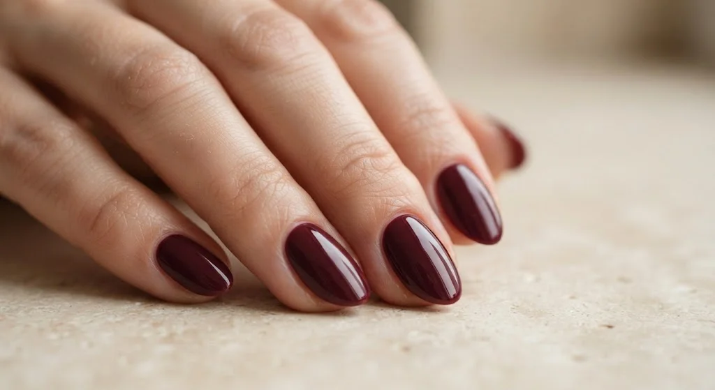 Glossy deep maroon almond nails with a clean polished finish.