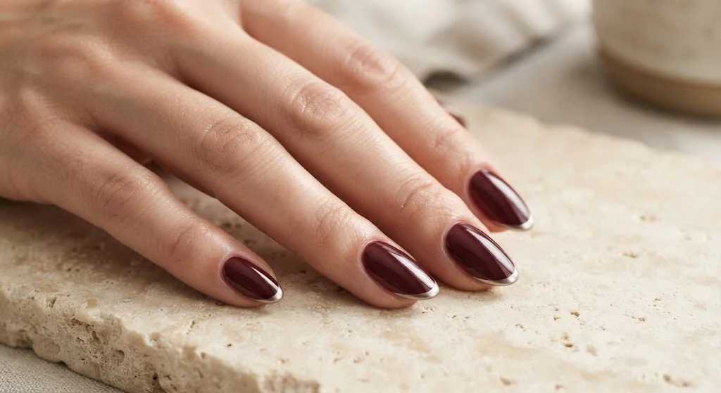 Glossy maroon almond nails finished with thin understated chrome French tips.