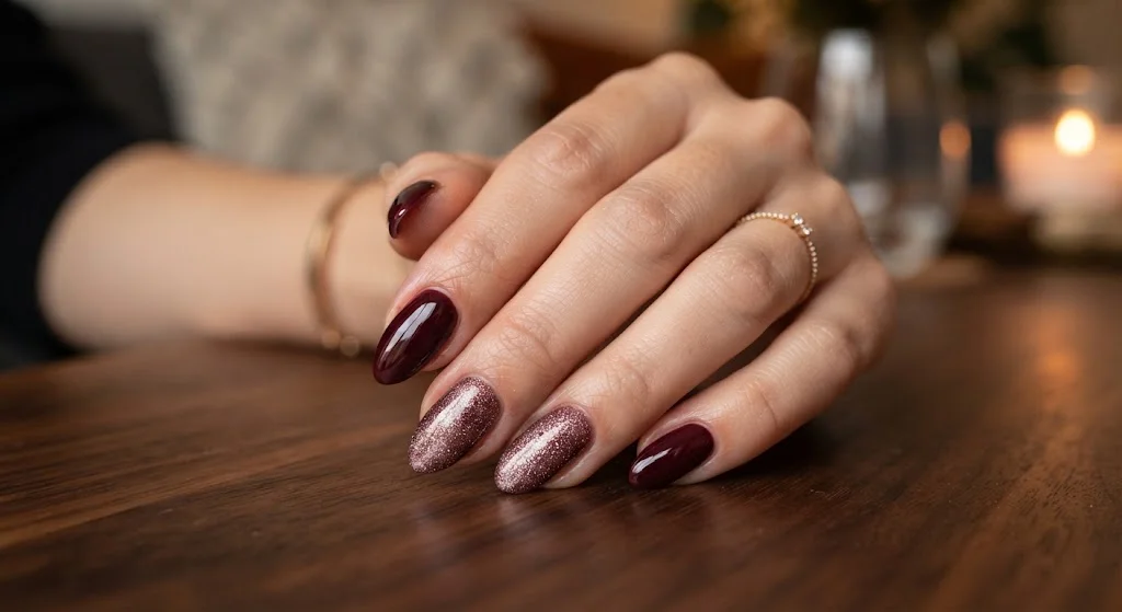 Glossy maroon almond nails with subtle champagne glitter accents.