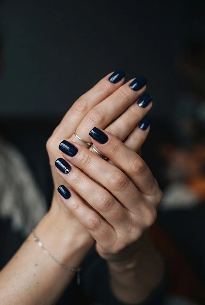 Glossy midnight navy nails with a subtle silver winter accent.