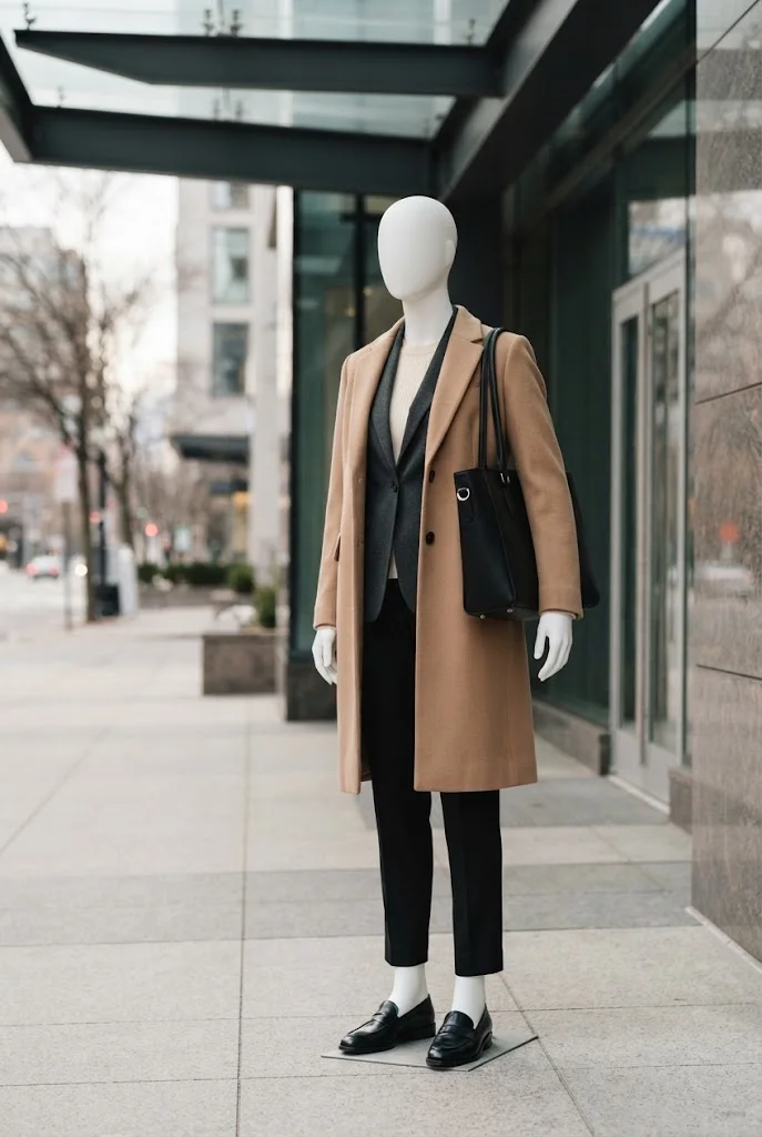 Layered blazer and camel coat with tailored trousers for winter.