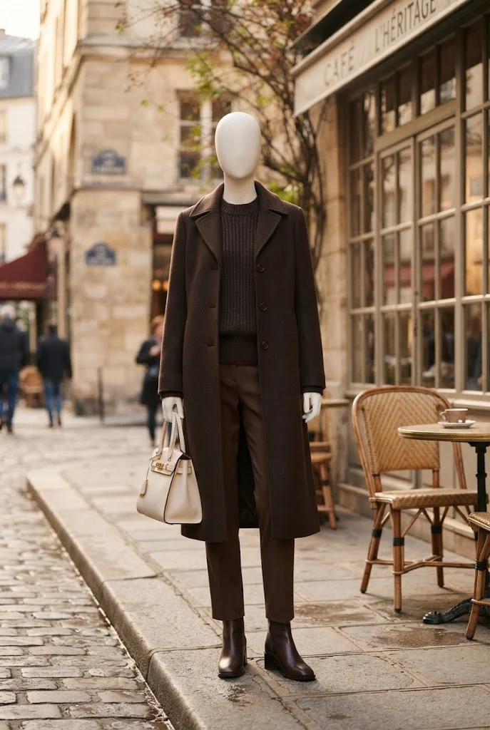 Layered chocolate brown winter outfit with a cream handbag.