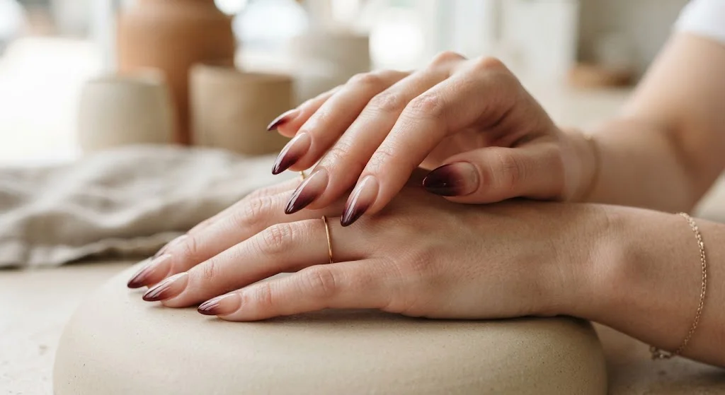 Long almond nails with a smooth nude and maroon ombre gradient.