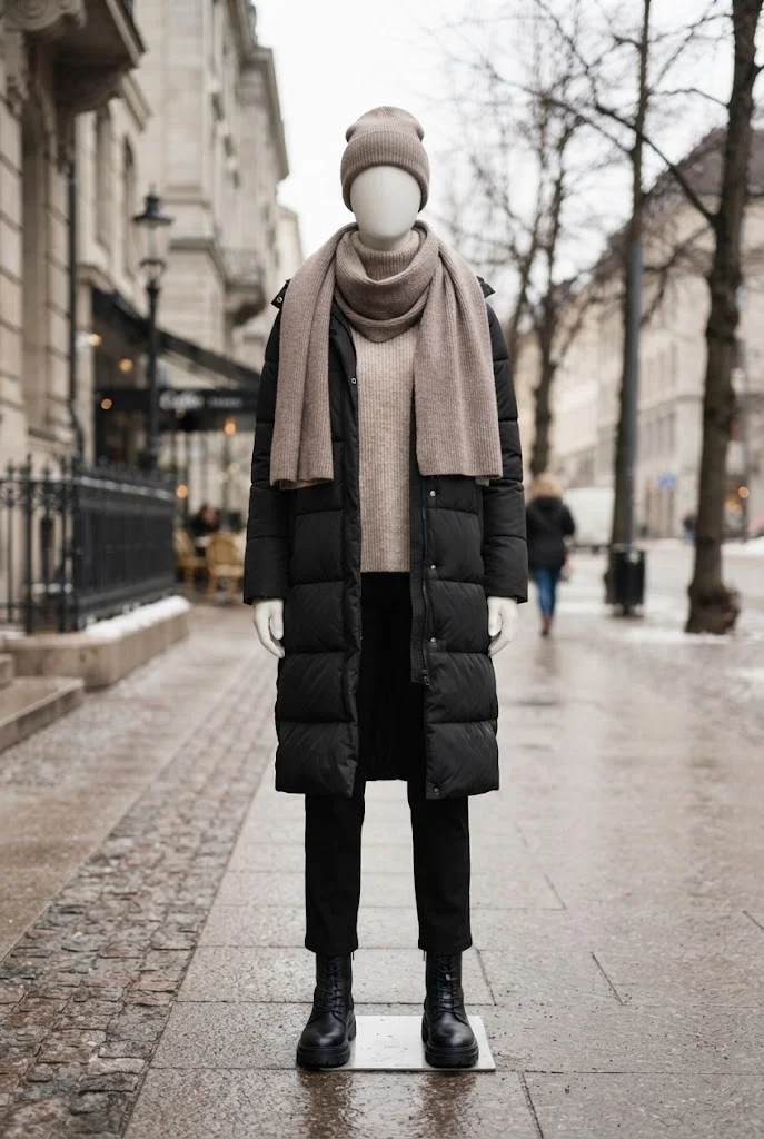 Long black puffer coat with an oatmeal sweater, scarf, beanie, and winter boots.