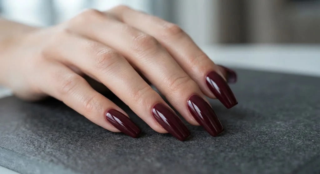 Long coffin nails finished in rich glossy maroon polish.
