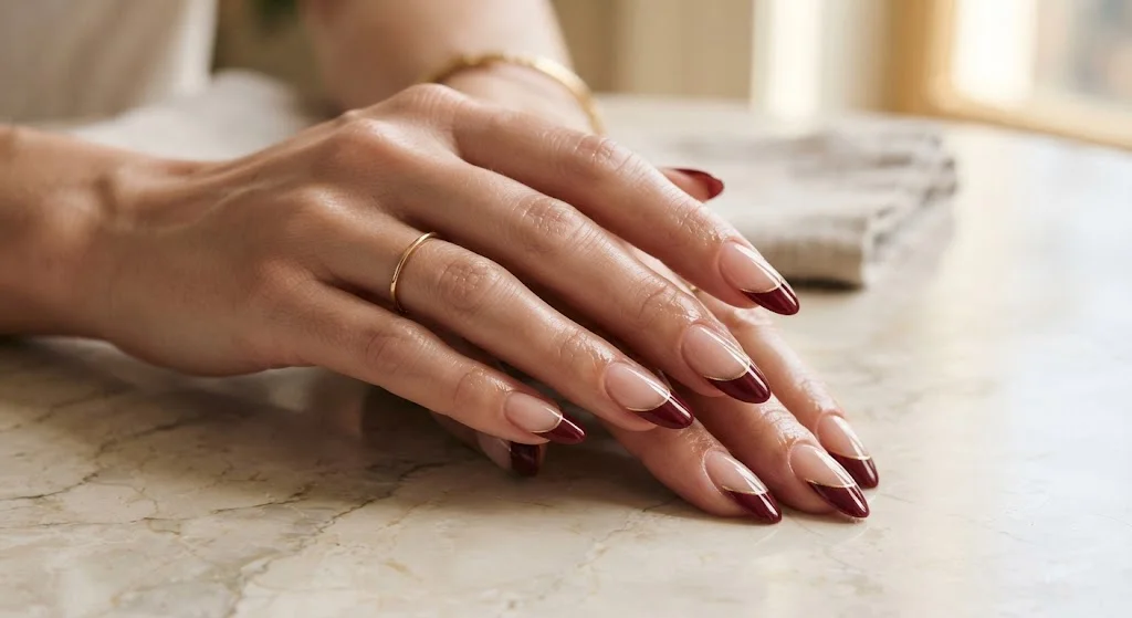 Maroon French tips with delicate gold accent lines on almond nails.