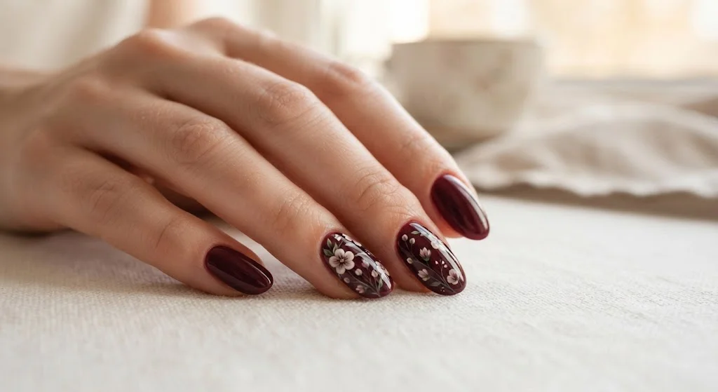 Maroon almond nails decorated with delicate cream and dusty-pink flowers.