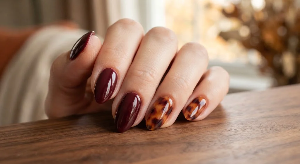 Maroon manicure with warm amber and brown tortoiseshell accent nails.